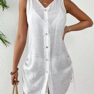 TEMU Damen Ärmelloses Kimono Cover-Up - Schickes V-Ausschnitt, Knopfleiste Sommer Strandhemd in Einfarbig, Leicht & Durchsichtig für Urlaubsstil