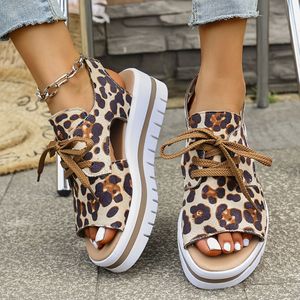 TEMU Damen Sandalen mit Leopardenmuster und Schnürung - Slip-On, Bequem, Stilvoll für den Sommer, Lässige Schuhe | Schnürung Sandalen | Kunststoff Obermaterial, Leopardenmuster Schuhe