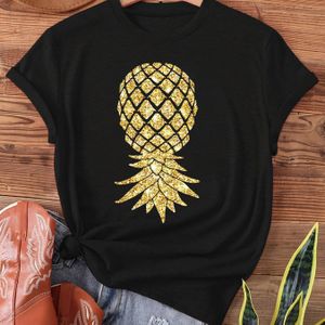TEMU Damen Casual Schwarz T-Shirt mit Goldener Ananas Print - Kurzarm Rundhalsausschnitt, Frühling & Sommer Oberteil, Lässige Kleidung|Tropischer Print Top|Bequemer Schnitt, Ananas Shirt