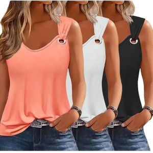TEMU Damensommer-Tanktops 3er-Pack - Lässige Ärmellose Hemden mit V-Ausschnitt, Einfarbig (, Weiß, Schwarz) mit Ringschmuck, Locker Sitzend, Maschinenwaschbar, für Freizeitkleidung