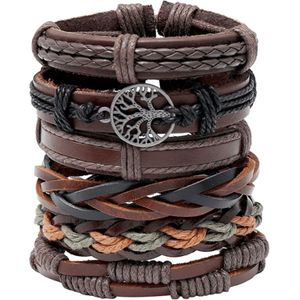 TEMU 6 Stück Retro Funky Herren Legierung Kombination Lebensbaum Kunstleder Geflochtenes Armband - Antikvergoldet, Anhänger Material: Legierung, Marke: HUANMING