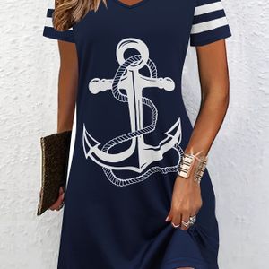 TEMU Elegantes Nautisches Anker-Grafik-V-Ausschnitt-Kurzarm-T-Shirt-Kleid für Damen - Lässiges Midi-A-Linie-Sommerkleid mit Farbblock-Design, Kurzarm-Tee-Kleid | V-Ausschnitt-Kleid | Polyester-