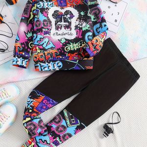TEMU 2-teiliges Set mit trendigen Graffiti-Muster-Outfits, Hoodies + Spleißhosen, Mädchen-Frühlings-Herbst-Geschenk