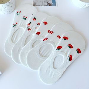 TEMU 5 Stück Frauen Süße Frucht & Blumen Unsichtbare Socken - Leicht Atmungsaktive Polyester Mischung, Erdbeere & Rose Muster, Süße Knöchelhohe Socken für Lässige Kleidung, Süße Socken