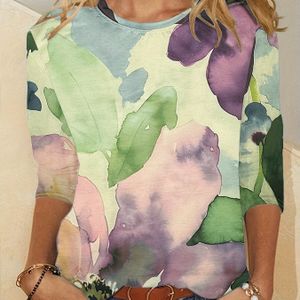 TEMU Damenmode Aquarell Blumenmuster Langarm T-Shirt, Rundhalsausschnitt, Casual Polyestermischung, Regular Fit, Frühling/Sommer Top