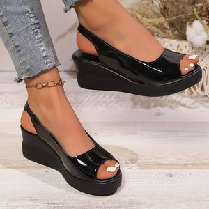 TEMU Schwarze Wedge-Sandalen für Damen - Slip-On-Offene Zehen mit dicker Sohle, lässiger Fischmund-Stil, bequemer PU-Bezug, für lässige Kleidung