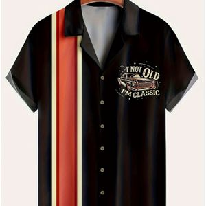 TEMU Herren Retro-Hemd mit Kurzarm und Knopfleiste ""Ich bin nicht alt, ich bin klassisch"", Vintage-Auto-Grafik, 3D-Digitaldruck, Schwarzer Polyesterstoff, Lässige Sommerkleidung