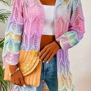 TEMU Damen Plusgröße Eleganter Offener Cardigan - Einzigartiges Bunt Gehäkeltes Design, Acrylmaterial, für Frühling/Sommer, Leicht und Vielseitig, Plusgröße Cardigan