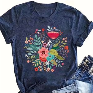 TEMU Floral Print T-Shirt, Lässiges Kurzarm-Crewneck-Top Für Frühling & Sommer, Damenbekleidung