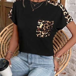 TEMU Damen Leopardenmuster Farbblock T-Shirt - Lässiger Rundhalsausschnitt, Kurzarm, Reguläre Länge, Polyester Oberteil für alle Jahreszeiten, Leopardenmuster Bluse