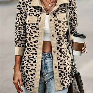TEMU Frauen Eleganter Leopardenmuster-Knopf-Oberteil - Langarm, Casual Herbst/Winter-Outerwear mit Reverskragen, leicht elastisches Gewebe, stilvolles Braun & Schwarz Tiermuster