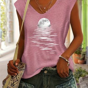 TEMU Damens Freizeit-Rayon-V-Ausschnitt Kurzarm-T-Shirt mit Mond über Wasser Grafikdruck, Atmungsaktiv & Dehnbar für Frühling Sommer Strandurlaub, Maschinenwaschbares Reguläres Passform, Strandshirt