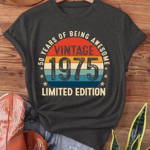 TEMU Vintage 1975 Lustiges 50. Geburtstagsgeschenk 50 Jahre Alt Retro-Druck-T-Shirt, Kurzarm-Rundhalsausschnitt-Casual-Top für Sommer & Frühling, Damenbekleidung