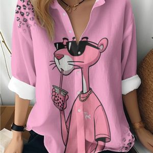 TEMU Damen Freizeit Langarmshirt mit rosa Cartoon Print - Knopfleiste, Reverskragen, für Frühling/Herbst, Freizeitkleidung|Spielhaftes Printshirt|Halbstrukturiertes Shirt