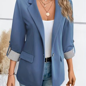 TEMU Stilvolle grüne Blazer für Damen mit Roll-Up Ärmeln - Polyester, Einreihiger, Dreiviertelärmel, Knopfleiste, Herbst- & Frühlingsmodejacke, Lässige Kleidung|Stilvolle Blazer|Polyester Blazer