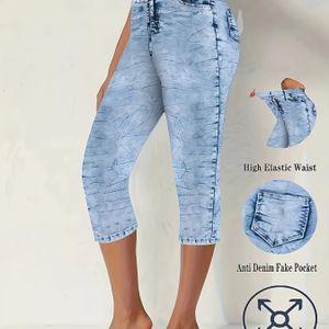 TEMU High-Waist Damen-Leggings mit Jeans-Optik - Dehnbar, Rutschfest, Hellblau, Maschinenwaschbar, 4-Wege-Stretch, Freizeitkleidung für Frühling/Sommer/Herbst