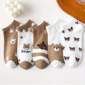 TEMU 5er-Set Süße Bären- & Pfotenabdruck Knöchelsocken für Frauen, Gemütliche & Warme Herbstkollektion, Geruchshemmend, Dehnbarer Polyester/Spandex-Mix, Gestrickt, Leicht - zu Jedes Outfit