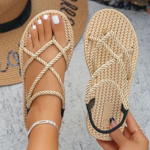 TEMU Damen Sommer Flats, einfarbige Runde Zehen Slip-On Sandalen, mit Kreuzriemen-Design, mit Handwaschbarem Leinen-Oberteil und EVA-Sohle, für -