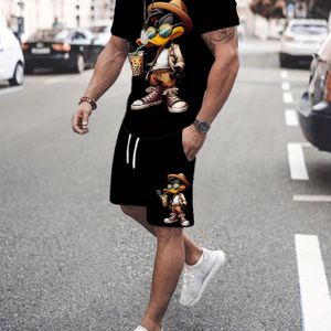 TEMU Herren Casual Outfit mit trendigen kurzen Ärmeln und Shorts mit Cartoon Ente Druck.