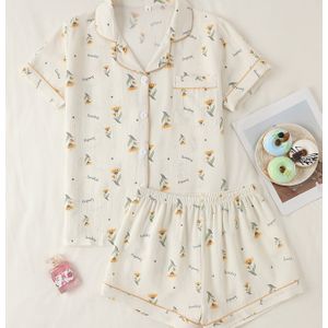 TEMU 1 Set Elegantes Pajamaset mit Blumendruck für Damen, Polyester-Oberteil mit kurzen Ärmeln, - und Shorts mit elastischem , Sommer-Schlafanzug mit Hemd und kurzen Hosen