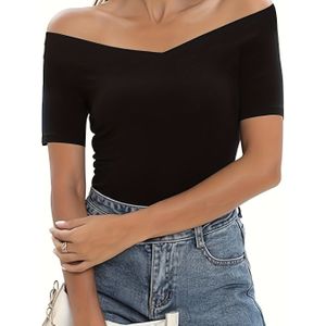 TEMU Damen Freizeit V-Ausschnitt Kurzarm T-Shirt - Doppelriemen, Einfarbig, Mittlere Dehnung, Sommer Sportbekleidung für Freizeitkleidung, Sommer Freizeitkleidung | V-Ausschnitt T-Shirt |