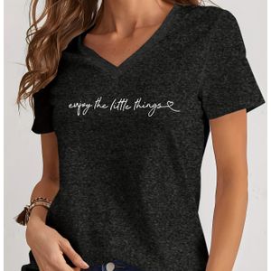 TEMU Letter Print V-Ausschnitt T-Shirt, Lässiges Kurzarm-T-Shirt Für Frühling & Sommer, Damenbekleidung