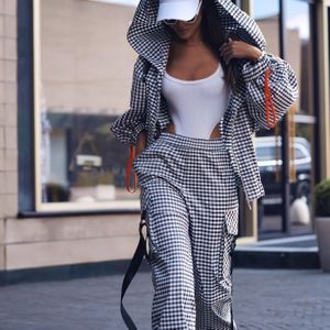TEMU Polyester Gingham Revers-Kragen Reißverschluss-Hoodie und Hose Set, Casual, Herbst/Winter