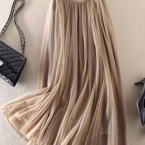 TEMU Beige, Plissierte Design, Lässige Frühling/Sommer/Herbstmode, Leichtgewichtes Polyester, Elastische Taille mit goldenem Schnappverschluss, Lässige Kleidung | Fließende Rock | Polyester-Fabrik