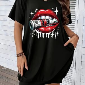 TEMU Kleid in Übergröße mit V-Ausschnitt für Damen, bequem, aus 100% Polyester, Frühling/Sommer-Kollektion, hochelastisches Material, 180g/m², mit Taschendetail, PKDZ018-1