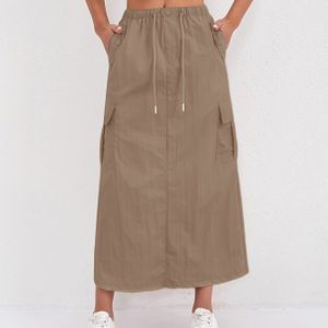 TEMU 1 Stück Y2K Style High-Waist Cargo Rock für Damen, einfarbig Polyester A-Linien Midi Rock mit , atmungsaktives Futter, Regular Fit, Schlitzsaum, mit Kordelzug Gürtel