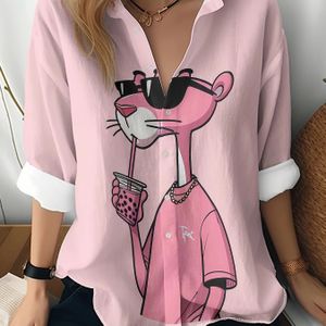 TEMU Langarm-Shirt für Damen - Niedlicher Pink Panther-Druck, lässiger Knopf mit Reverskragen, leichter Polyester für Frühling/Herbst, lässige Kleidung|Spielhafter Druck|Polyester-Stoff