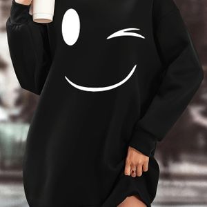 TEMU Damensweatshirt-Kleid mit Gemütlicher Fleecefutter und Cartoon-Gesichtsdruck - Langarm, Knielang, Lockere Passform für Herbst/Winter, Schwarz mit Lächelndem Gesicht Design, Damenpullover