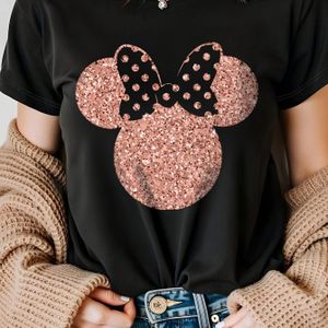 TEMU Disney Minnie Mouse Glitzer-Schleifen-T-Shirt für Frauen - Niedliches Schwarzes Kurzarmshirt mit Funkelndem Cartoon-Design, für Lässige Frühjahr/Sommer Mode | Aufnähdetails