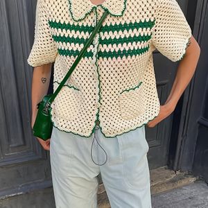 TEMU Ein stilvoller und eleganter Cardigan mit handgekrempelter Kante, der ein kontrastierendes 3D-Muster und Muschelknöpfe aufweist, für Y2K-Inspirierte Urlaube.
