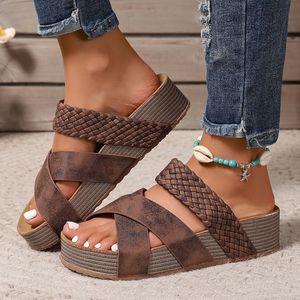 TEMU Vintage Style Gewebte Riemchensandalen, Einfarbig, Offene Zehen, Mittelhoher Absatz, Bequeme Slip-On Flats mit PU-Sohle für lässige Alltagskleidung