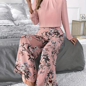 TEMU Damen Elegante Rosa Einfarbige Langarmbluse und Blumenmuster Weite Beinhose Anzug
