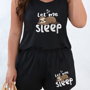 TEMU Plus Size Damenmode Casual Bequeme Tragbare Loungewear Pyjama Set mit einfachem Lass mich schlafen Cartoon Druck Rundhals Tank Top & Shorts 2pcs Plus Size Pyjamas