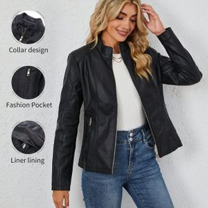 TEMU Elegante Kunstleder-Bikerjacke für Damen, einfarbiger Strickstoff, Frühling/Herbst-, 65g/m² Futtergewicht, vielseitige Motorrad-Oberbekleidung