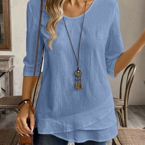 TEMU Damen Freizeit Hemd in Blau mit Rundhalsausschnitt und Patchwork Saum.