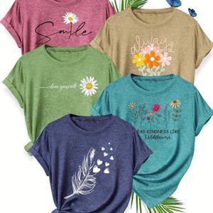 TEMU 5er-Set Schwesterpack Einfaches Klarsicht-Linien Pflanzenblumenmuster Druck Mode Retro-Stil Damen Frühling Sommer Herbst Freizeit Sportliches Rundhals Kurzarm T-Shirt Mehrfarbig Verfügbar S-XXL