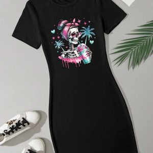 TEMU Lässiges Kleid für Damen mit Rundhalsausschnitt und Totenkopf-Print.