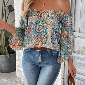 TEMU Elegante Bluse mit Paisley-Print und offener Schulter für Damen - Vintage-Ethno-Stil, Polyester, Frühling/Sommer Modezubehör