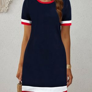 TEMU Damendress in Marineblau mit rotem ? Kurzarm, A-Linie, lockerer Schnitt, Rundhalsausschnitt, Sommerkleid für lässige Anlässe, maschinenwaschbar und bequem zu tragen