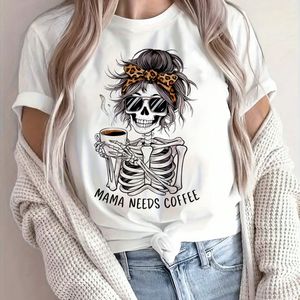 TEMU T-Shirt mit Rundhalsausschnitt und Skelett- und Buchstaben-Print, kurzärmliges Freizeitoberteil für Sommer und Frühling, Damenbekleidung