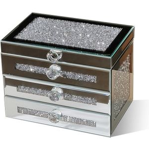 TEMU Schmuckaufbewahrungsbox mit fortschrittlichem Design, Großes Fassungsvermögen aus Silbernes Spiegelglas - Hochwertige Luxus-Schreibtischschmuckkiste