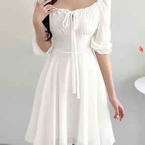 TEMU 2025 Sommer Neuer Einfarbiger Rechteckiger Hals Kurze Ärmel Binden Mit Gürtel A-Linie Tassel Kleid, Elegantes Damenbekleidung Für Frühling Und Sommer.