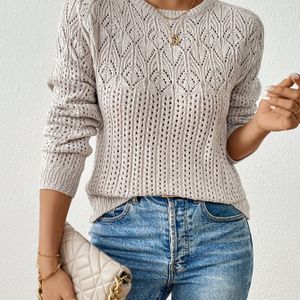 TEMU Eleganter, Langärmeliger Pullover Mit Halsausschnitt Und Hohlem Strickmuster Für Damen