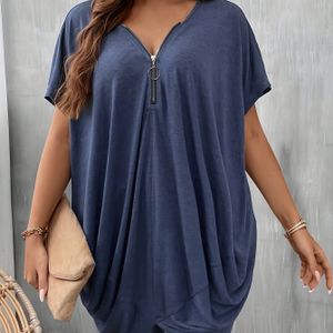 TEMU Farbenfrohes V-Ausschnitt-Kurzarm-T-Shirt in Übergröße für Damen mit einem mehrschichtigen Reißverschluss-Design.