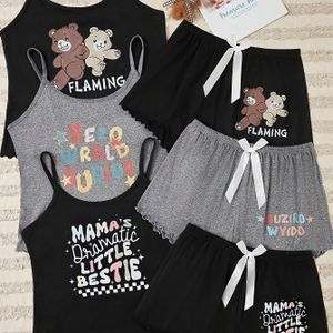 TEMU Damen Niedliches Cartoon-Bär Pyjama-Set - 3-tlg., Bequeme Polyester & Elastan Mischung, Cami-Oberteile mit Salatrand, Shorts & Bademantel, Maschinenwaschbar