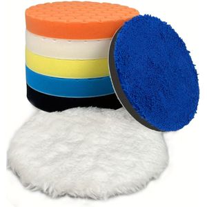 TEMU 7er-Set Polierpads 6 Zoll - 7er-Set 150mm Gesicht für 6 Zoll 150mm Trägerplatte, Auto-Compound Polierschwamm-Pads und gestricktes Schneide-Polierpad-Set für Auto-Polieren und